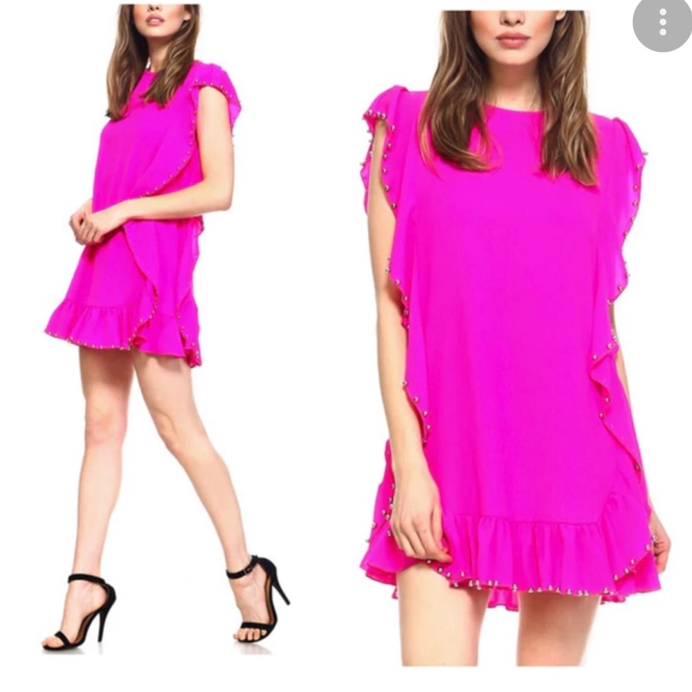 Cascading Ruffle Shift Dress with Round GUNMETAL Appliqué Trim